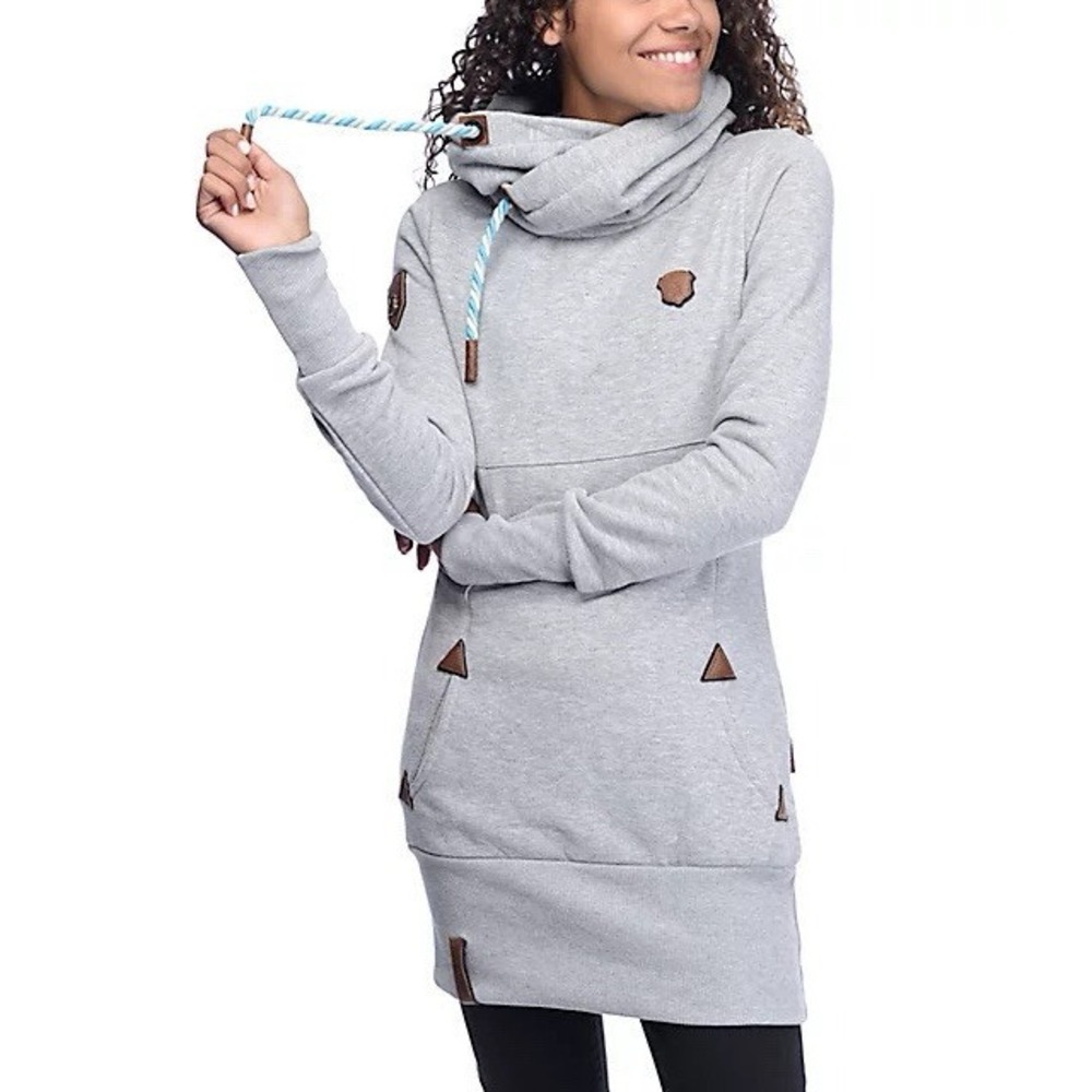 Naketano Gray Cowl Neck Long Pullover Hoodie Dress Blue Drawstring Women S Boho‎